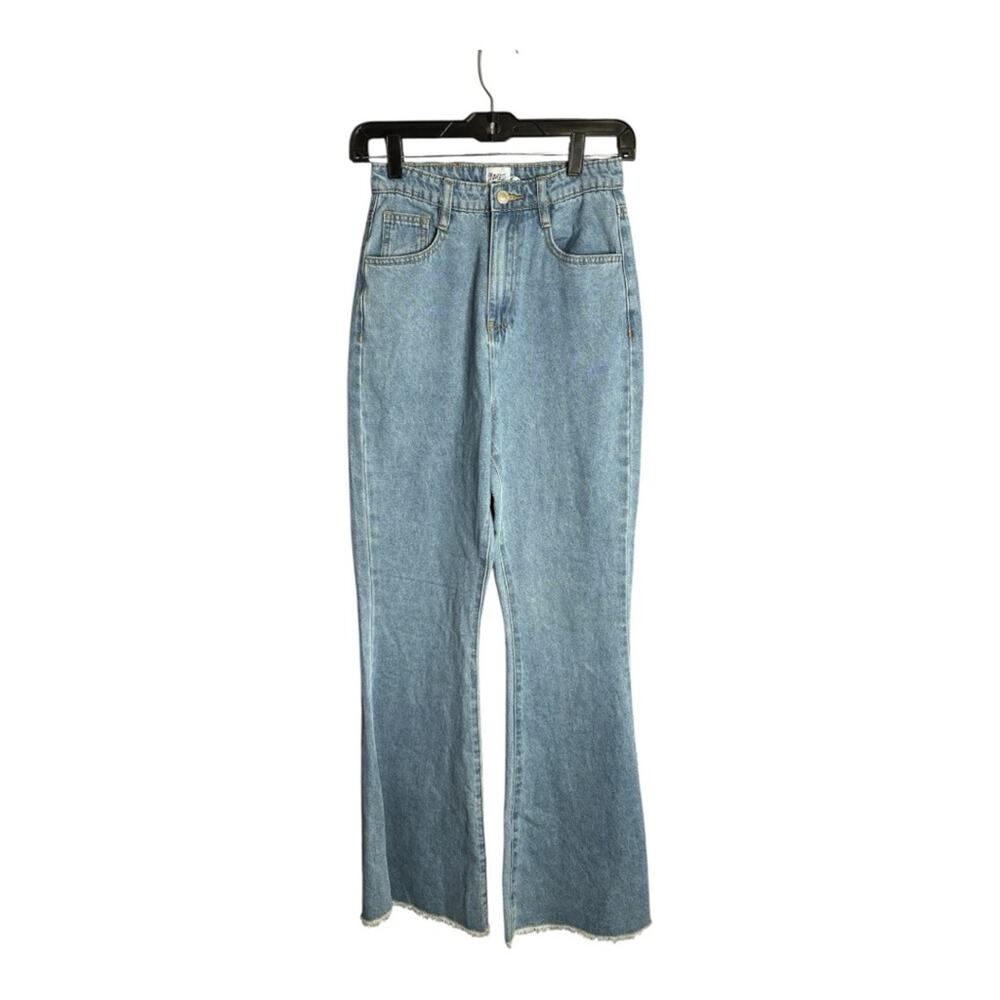 Princess Polly Medium Wash High Rise Flared Jeans With Frayed Hem 2
